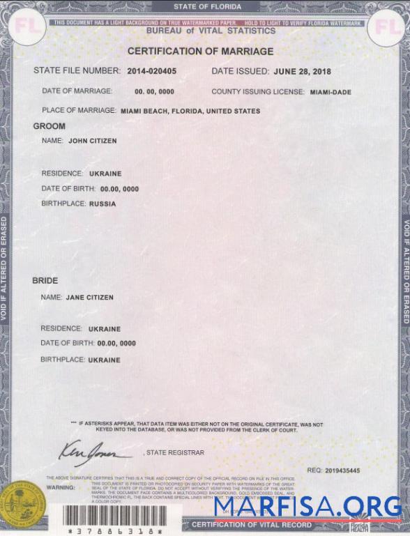 Realistic USA Florida state marriage certificate template in PSD format